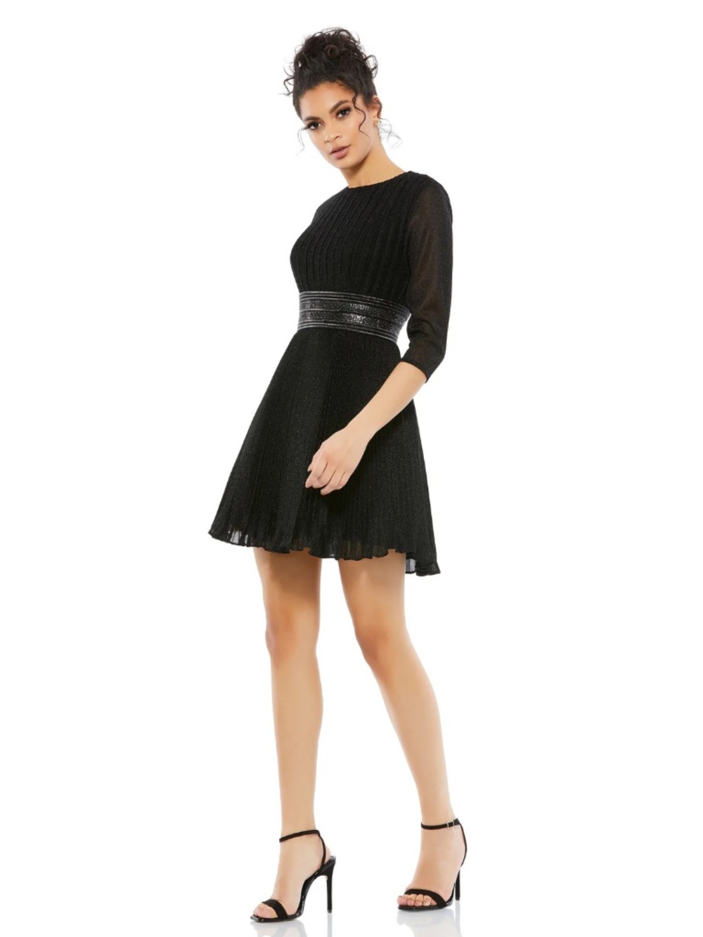 Mac Duggal Black Shimmering 3/4 Sleeve A-Line Mini Dress